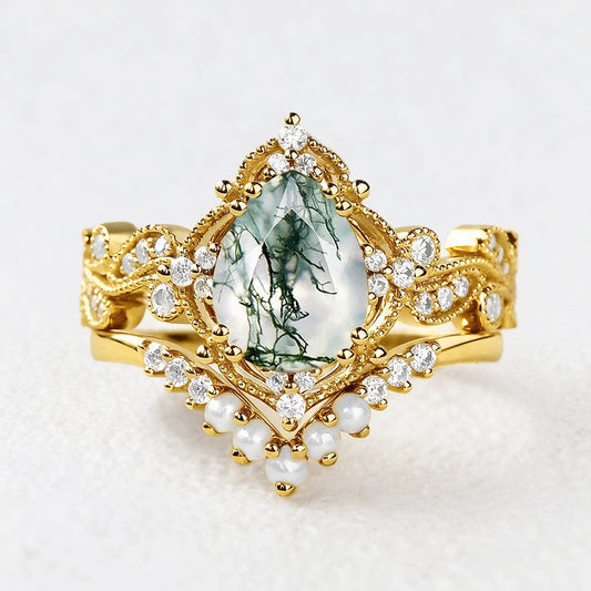 Nyx’s Eclipse | Black Gold Pear Moss Agate & Pearl Engagement Ring Set 2pcs
