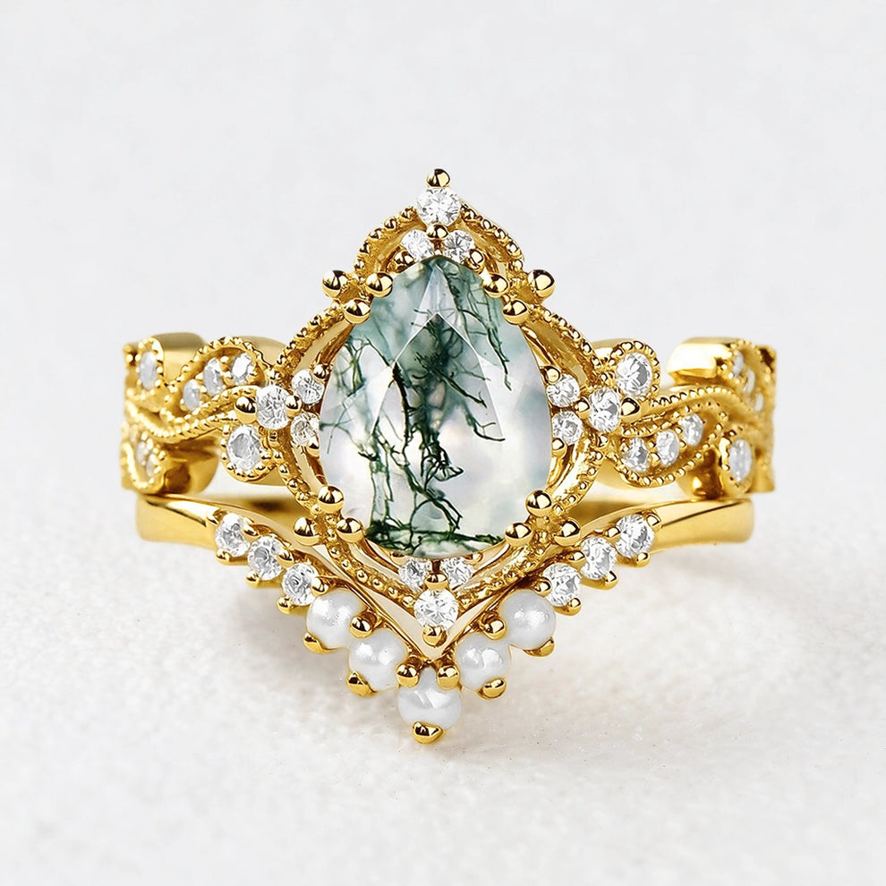 Nyx’s Eclipse | Black Gold Pear Moss Agate & Pearl Engagement Ring Set 2pcs