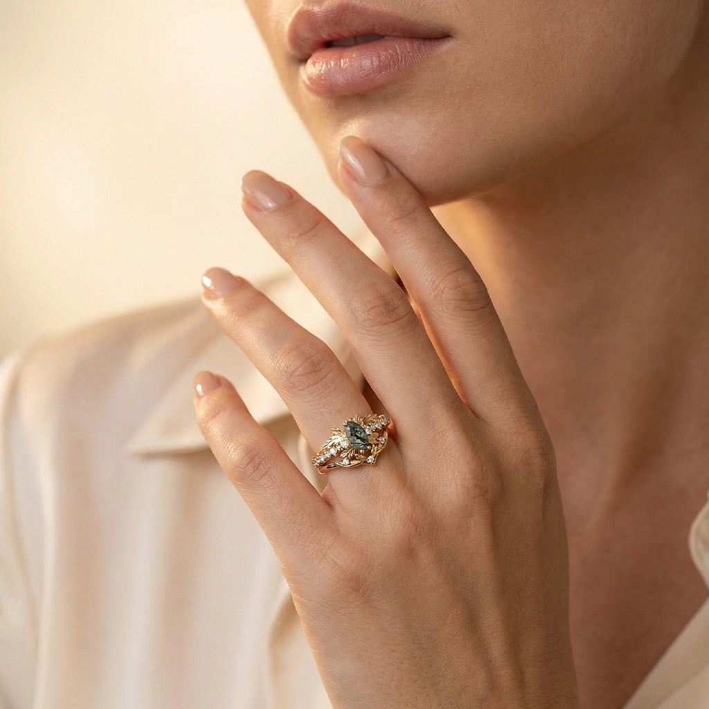 Aurora’s Moss Wing | Marquise Moss Agate Vintage Bridal Set 2pcs.
