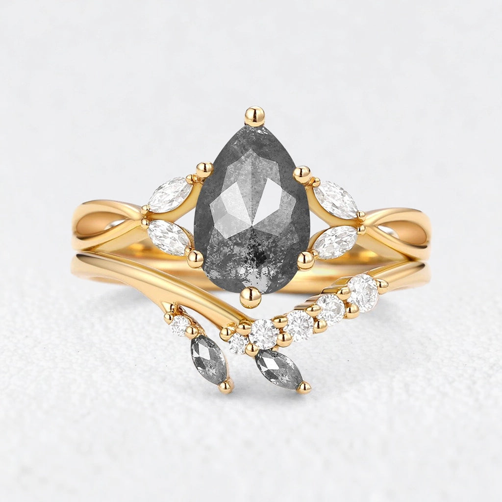 Isadora’s Twig | 1.2CT Pear Salt & Pepper Diamond Bridal Set 2pcs