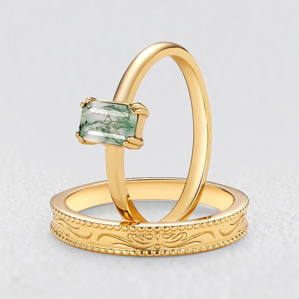 Daphne’s Clearing | Emerald Cut Moss Agate Couple Ring Set 2pcs.