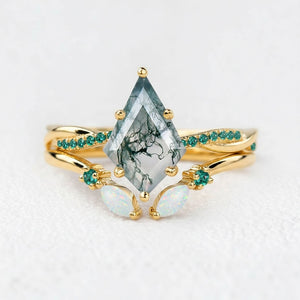 Isadora’s Mosaic | Kite Cut Moss Agate, Emerald & Opal Bridal Set 2pcs