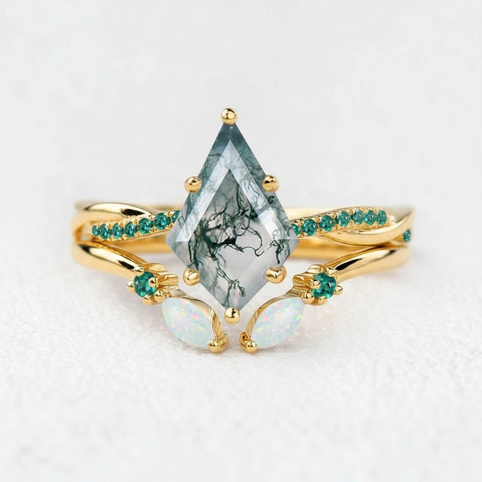 Isadora’s Mosaic | Kite Cut Moss Agate, Emerald & Opal Bridal Set 2pcs
