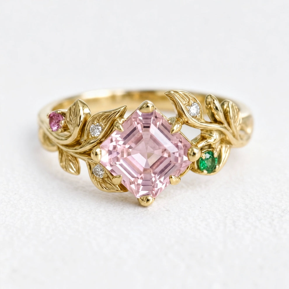 Rosalind’s Blush | Asscher Cut Pink Tourmaline Leafy Engagement Ring.
