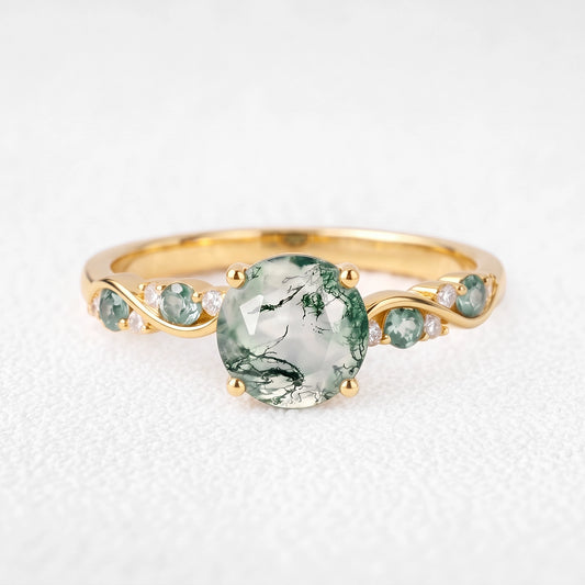 Flora’s Sprig | Round Moss Agate Botanical Engagement Ring