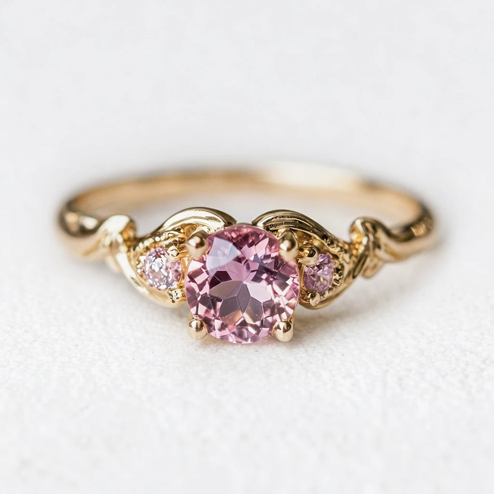 Rosalind’s Enclave | Round Pink Sapphire Foliage Engagement Ring