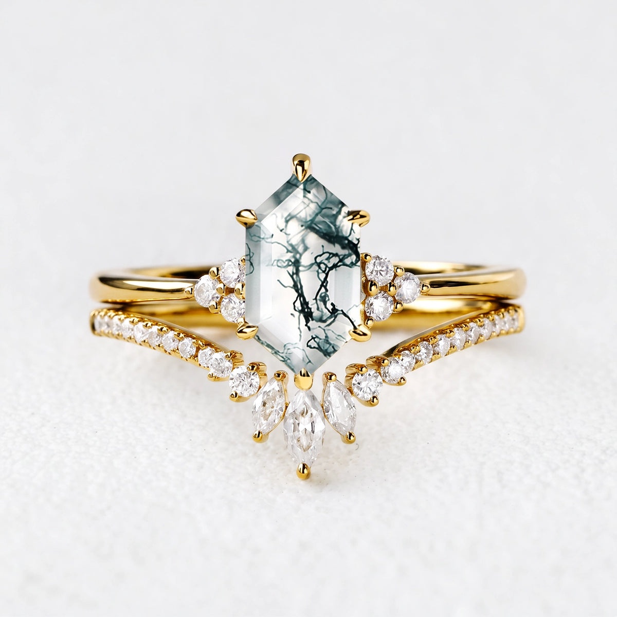 Rowan‘s Glade | Hexagon Cut Moss Agate Chevron Bridal Duo