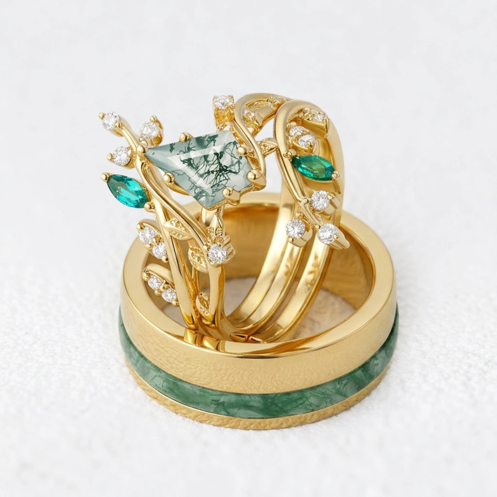 Sylvie’s Bower | Kite Cut Moss Agate Cage Leafy Couple Ring Set 3pcs.