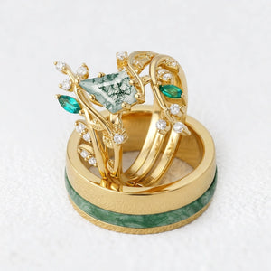 Sylvie’s Bower | Kite Cut Moss Agate Cage Leafy Couple Ring Set 3pcs.