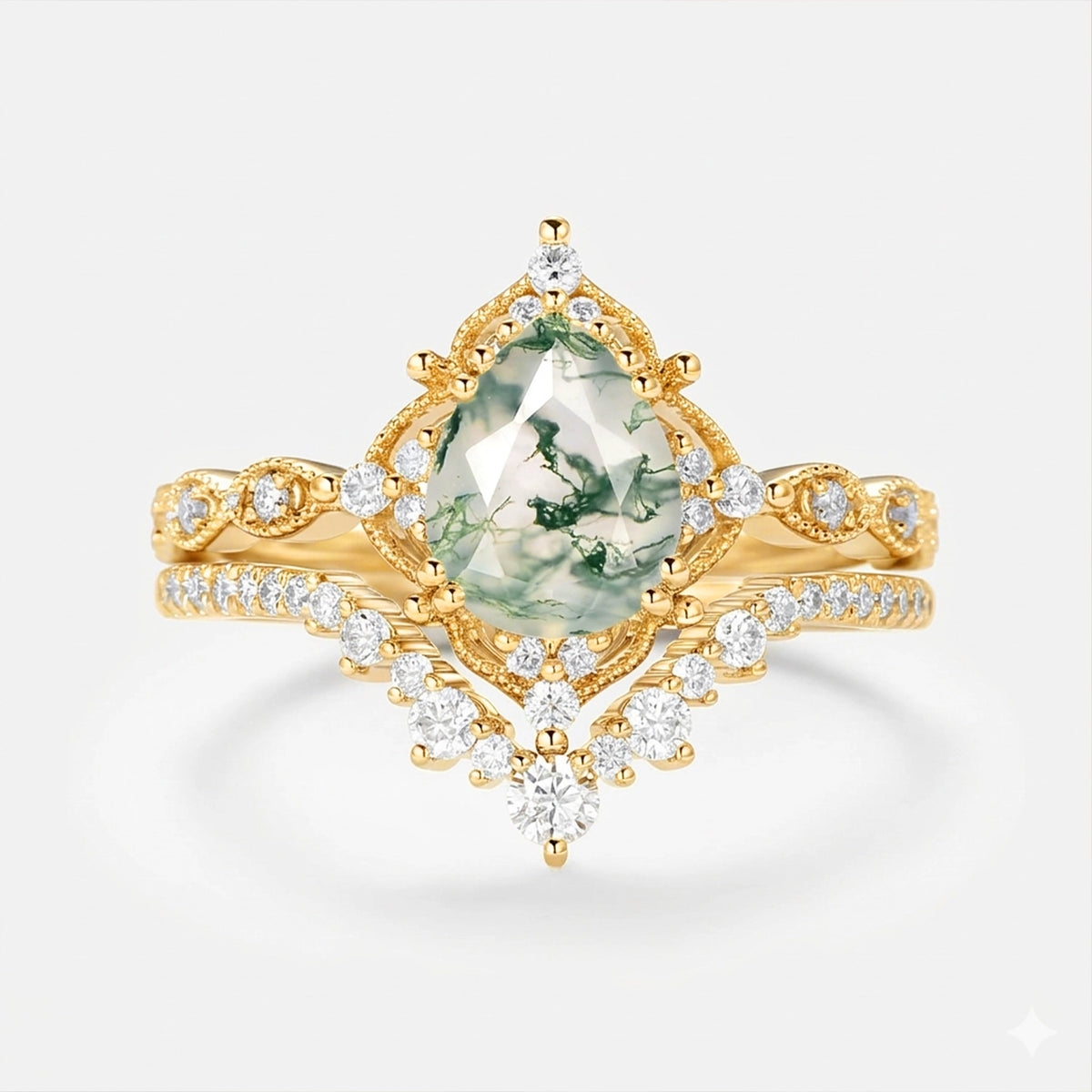 Charlotte Signature Vintage - Pear Cut Moss Agate Vintage Ring Set 2pcs.