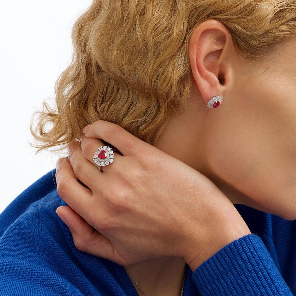 The Crowned Heart | Radiant Ruby Halo Engagement Ring.