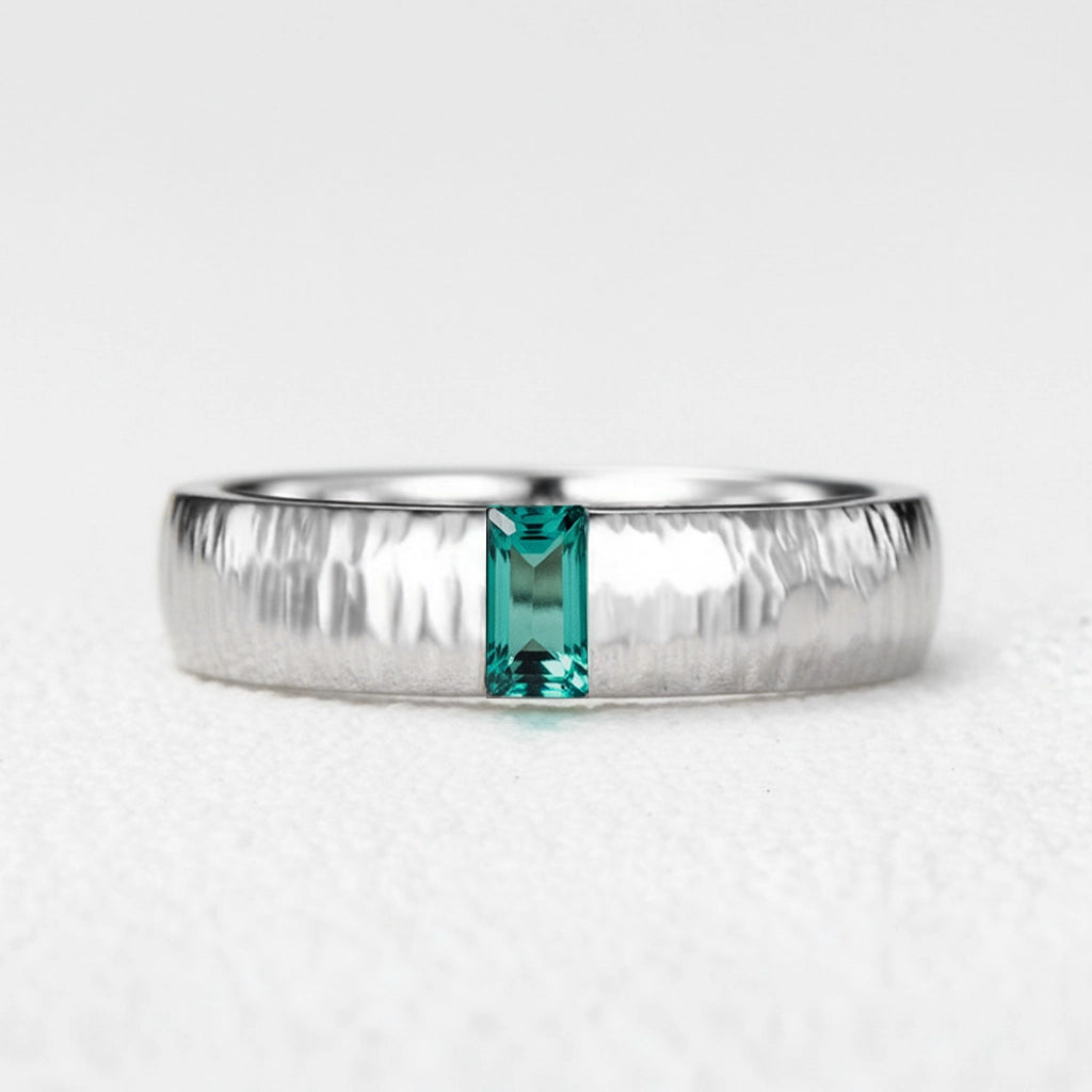 The Retro Keystone | 5MM Hammered Emerald Men's Wedding Band.