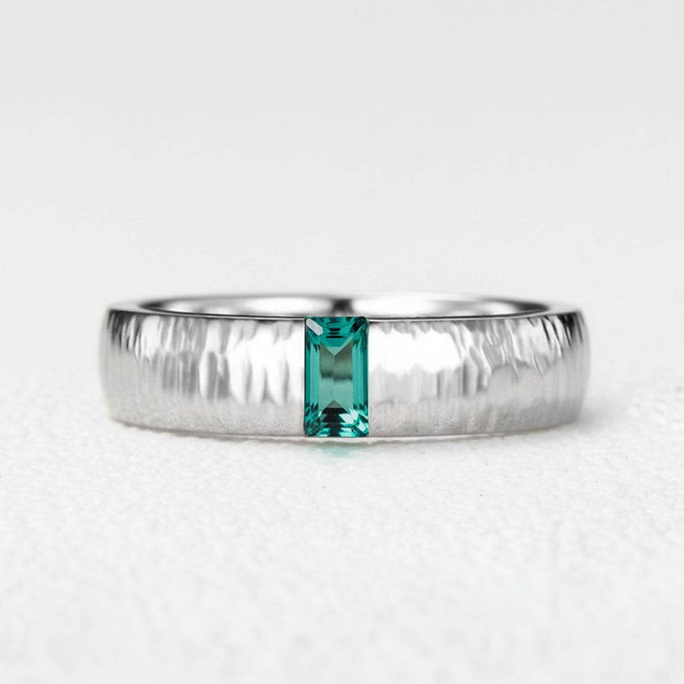 The Retro Keystone | 5MM Hammered Emerald Men's Wedding Band.