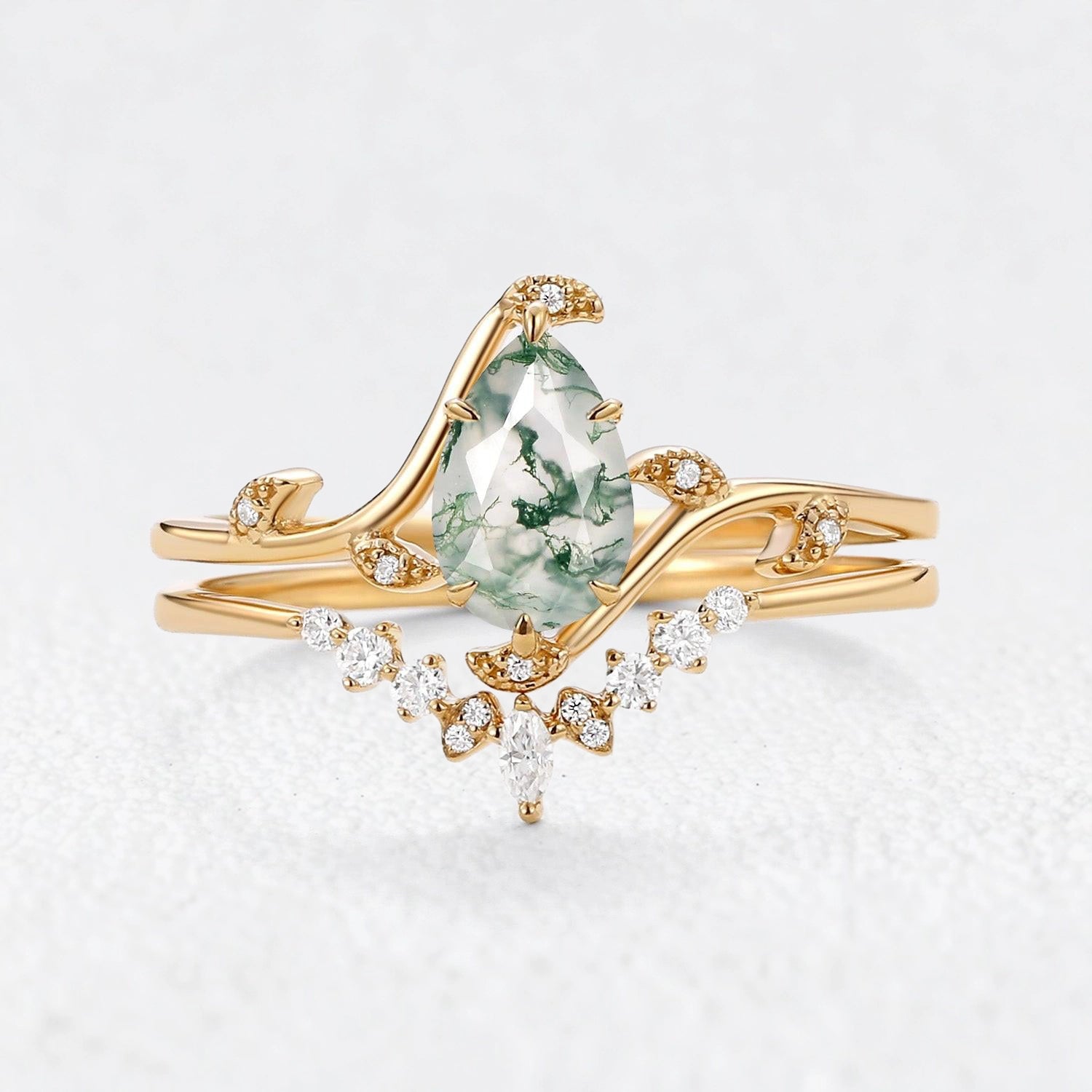Rosalind’s Vine | Pear Cut Moss Agate Foliage Bridal Duo