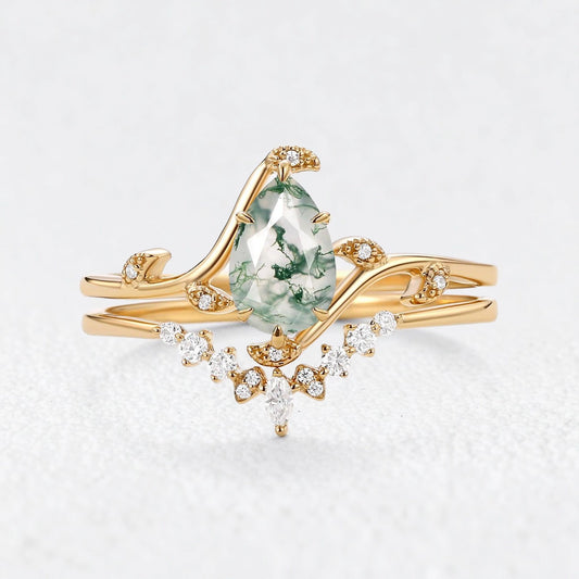 Rosalind’s Vine | Pear Cut Moss Agate Foliage Bridal Duo