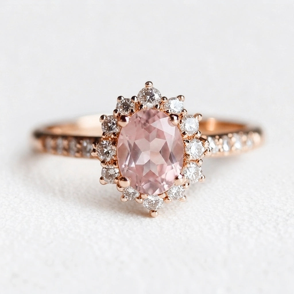 Rosalind’s Blush | Rose Quartz Halo Engagement Ring.