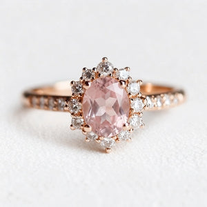 Rosalind’s Blush | Rose Quartz Halo Engagement Ring.