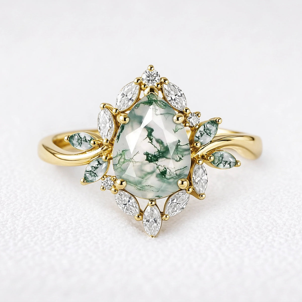 Daphne's Bloom | Pear Moss Agate & Diamond Cluster Engagement Ring