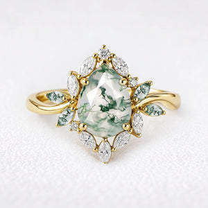 Daphne's Bloom | Pear Moss Agate & Diamond Cluster Engagement Ring