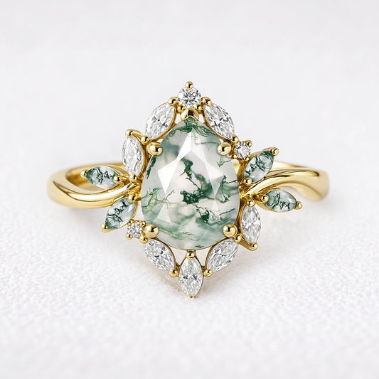 Daphne's Bloom | Pear Moss Agate & Diamond Cluster Engagement Ring