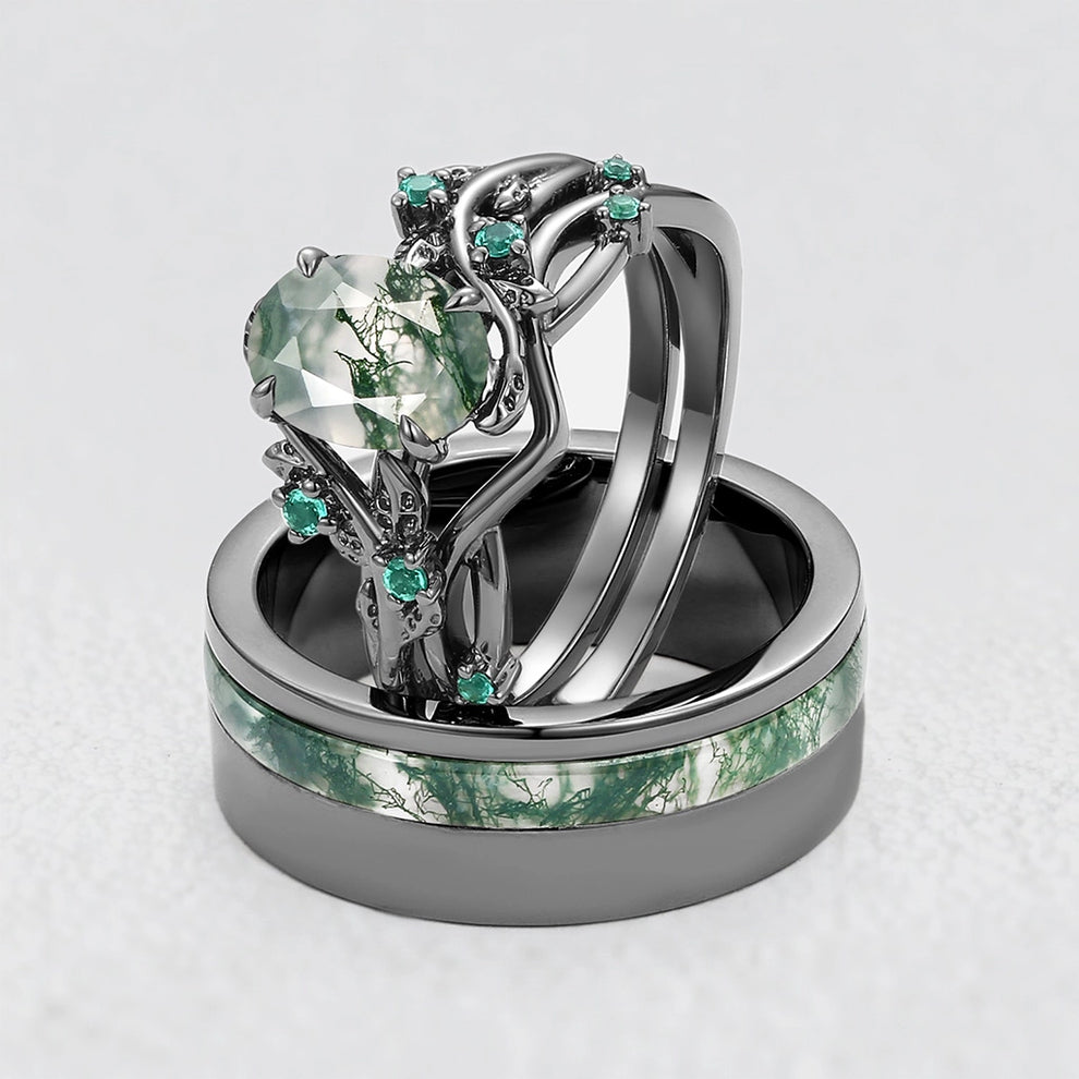 Sylvie’s Shadow | Black Gold & Oval Moss Agate Couple Ring Set 3pcs.