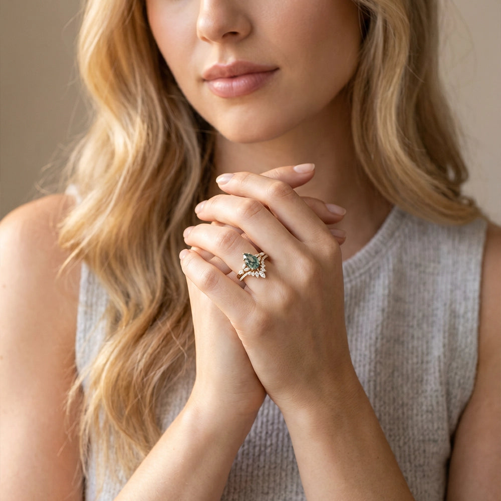 Juliet’s Grove | Pear Moss Agate Engagement Ring Set 2pcs.