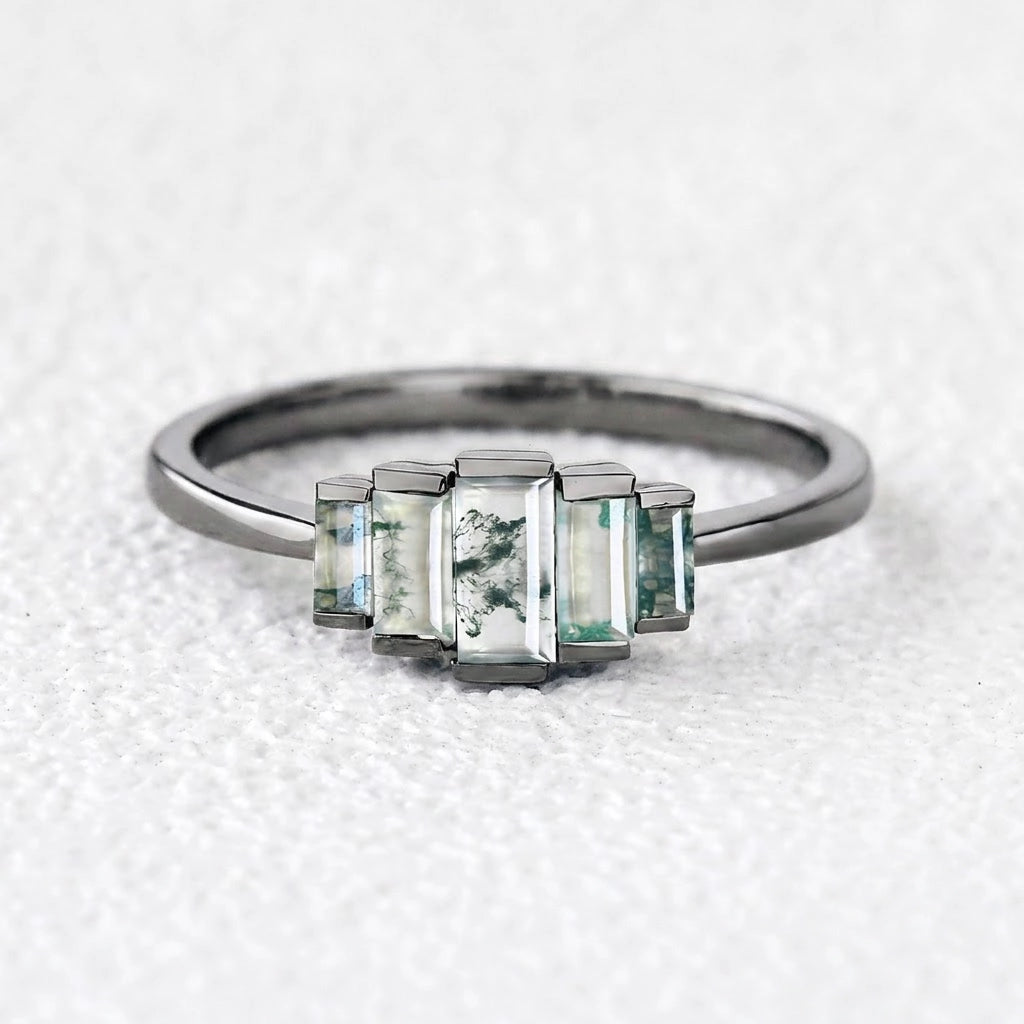Genevieve’s Essence | Vintage Baguette Moss Agate Engagement Ring
