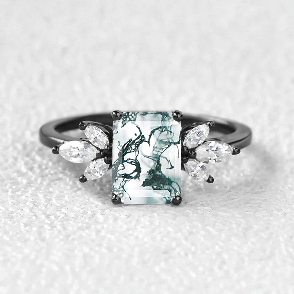 Sylvie’s Lattice | Emerald Cut Moss Agate Cluster Engagement Ring.