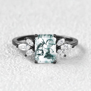 Sylvie’s Lattice | Emerald Cut Moss Agate Cluster Engagement Ring.