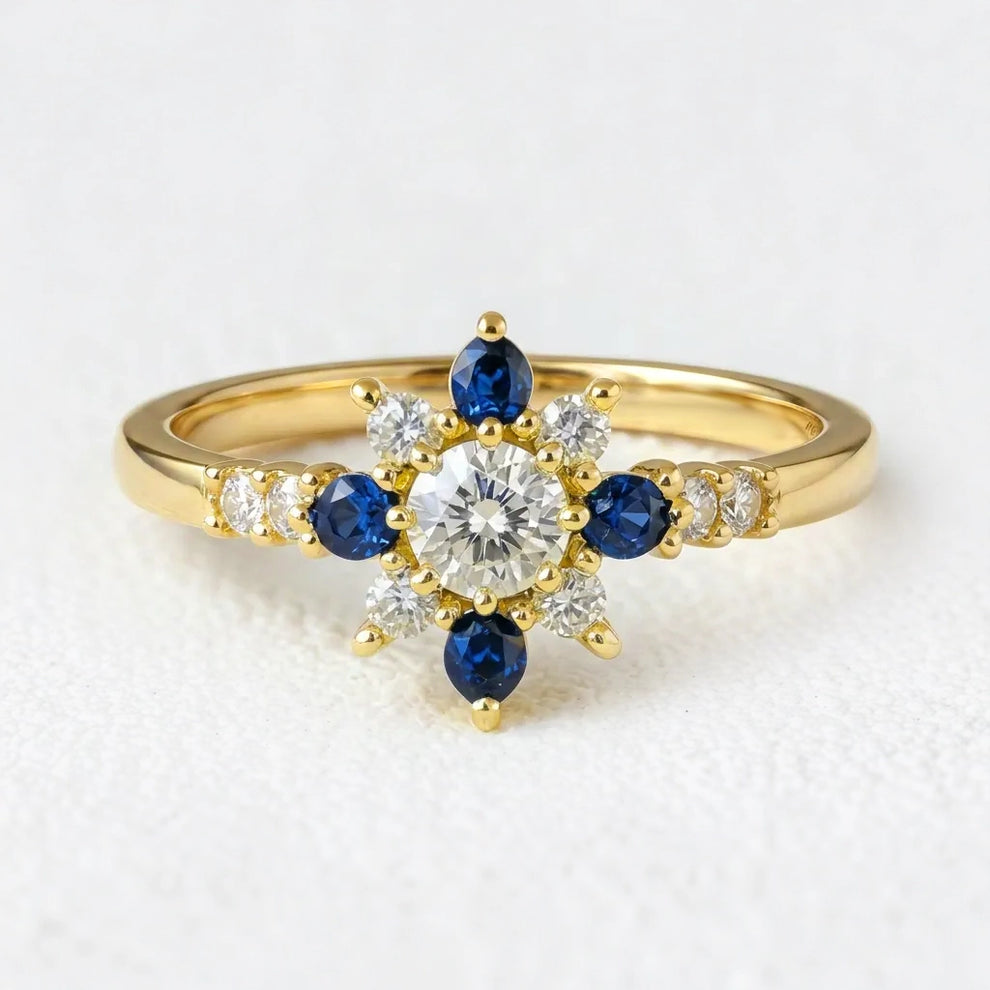 Sylvia’s Bloom | Round Diamond & Sapphire Petal Engagement Ring