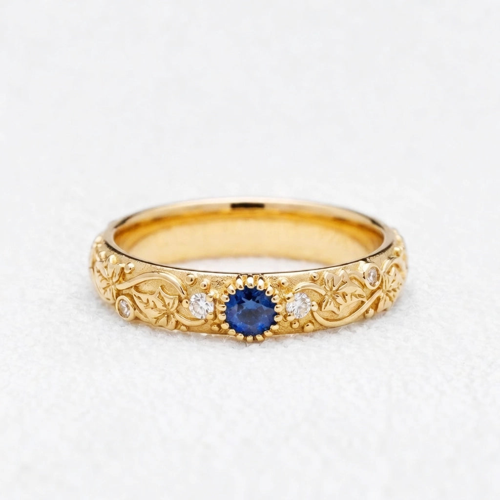 Ivy’s Cove | Blue Sapphire & Diamond Ivy Leaf Wedding Band.