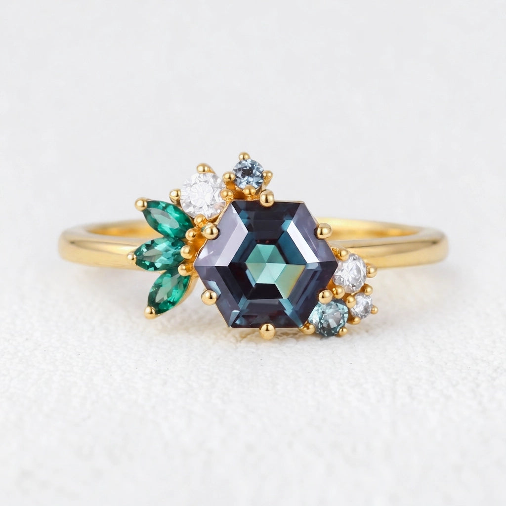 Isadora’s Prism | Hexagon Alexandrite Cluster Engagement Ring