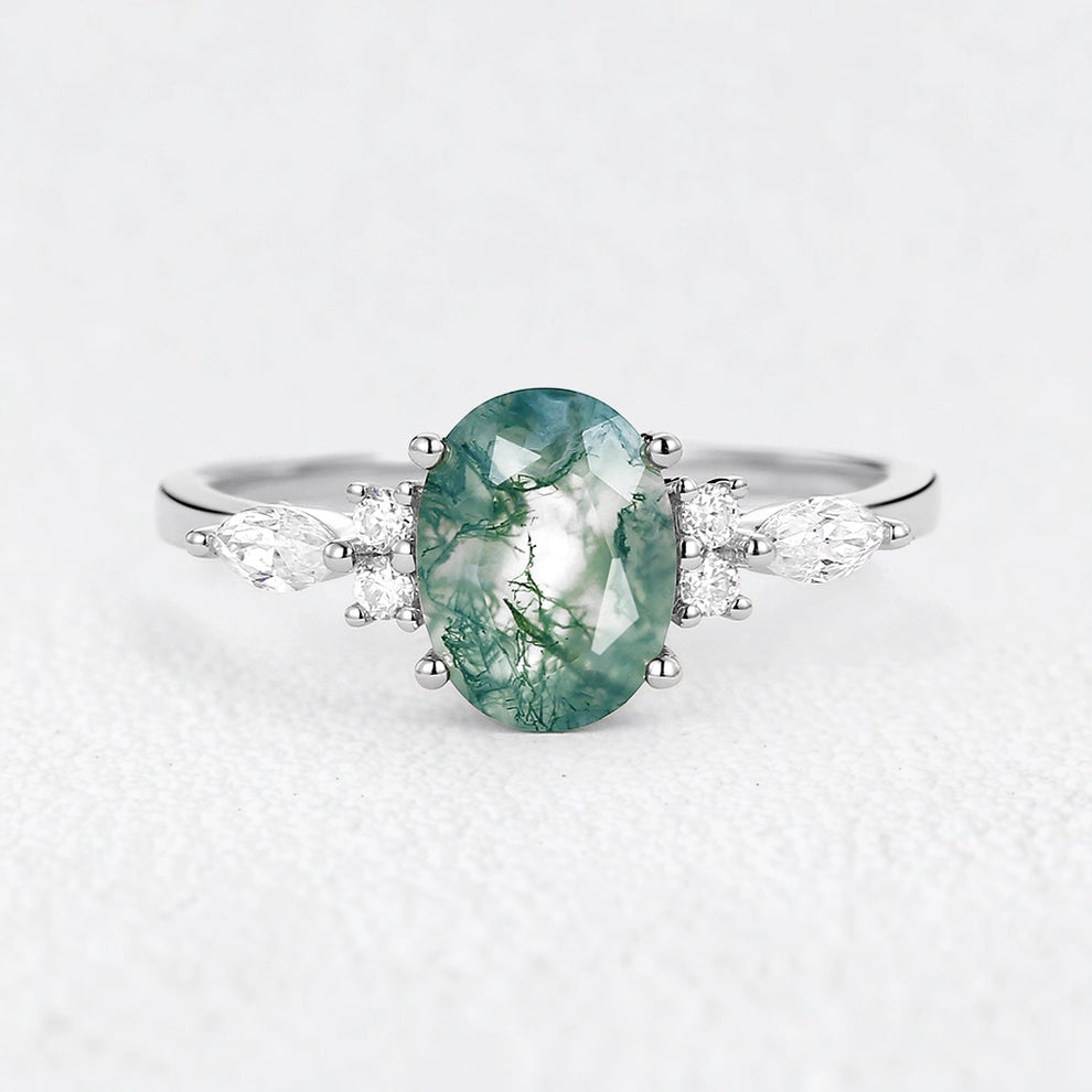 Oval Moss Agate Classic Engagement Ring.