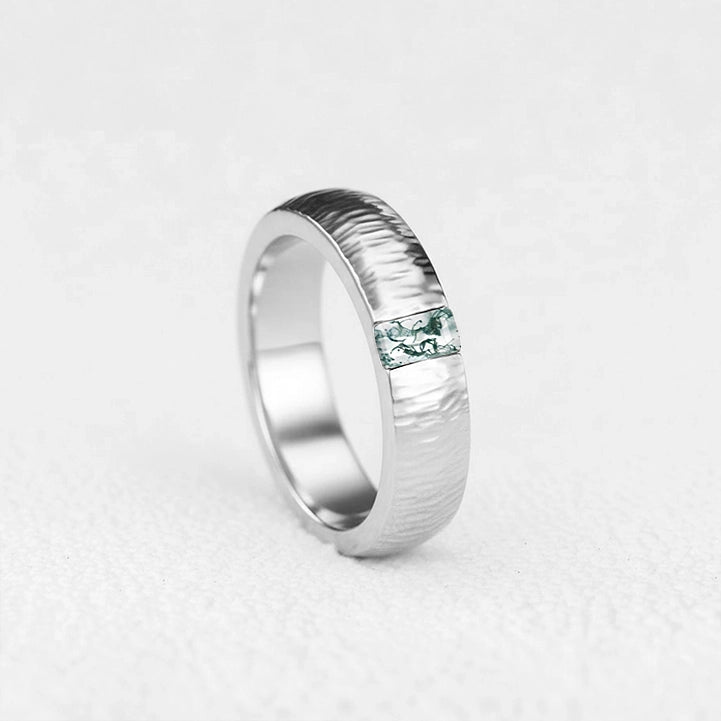 Silas’s Inlay | Moss Agate Textured Men's Wedding Band.
