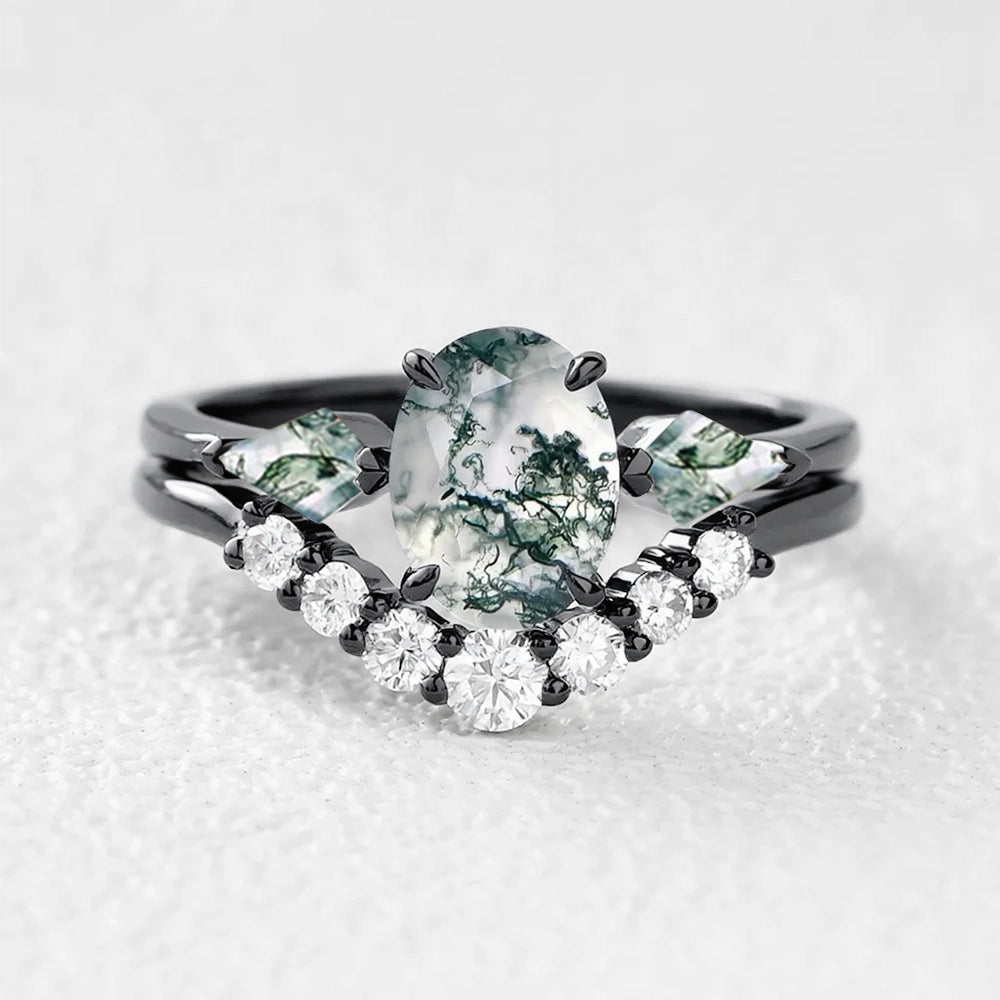 Alethea’s Pinions | Oval Moss Agate Three Stone Bridal Set 2pcs.