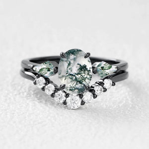 Alethea’s Pinions | Oval Moss Agate Three Stone Bridal Set 2pcs.