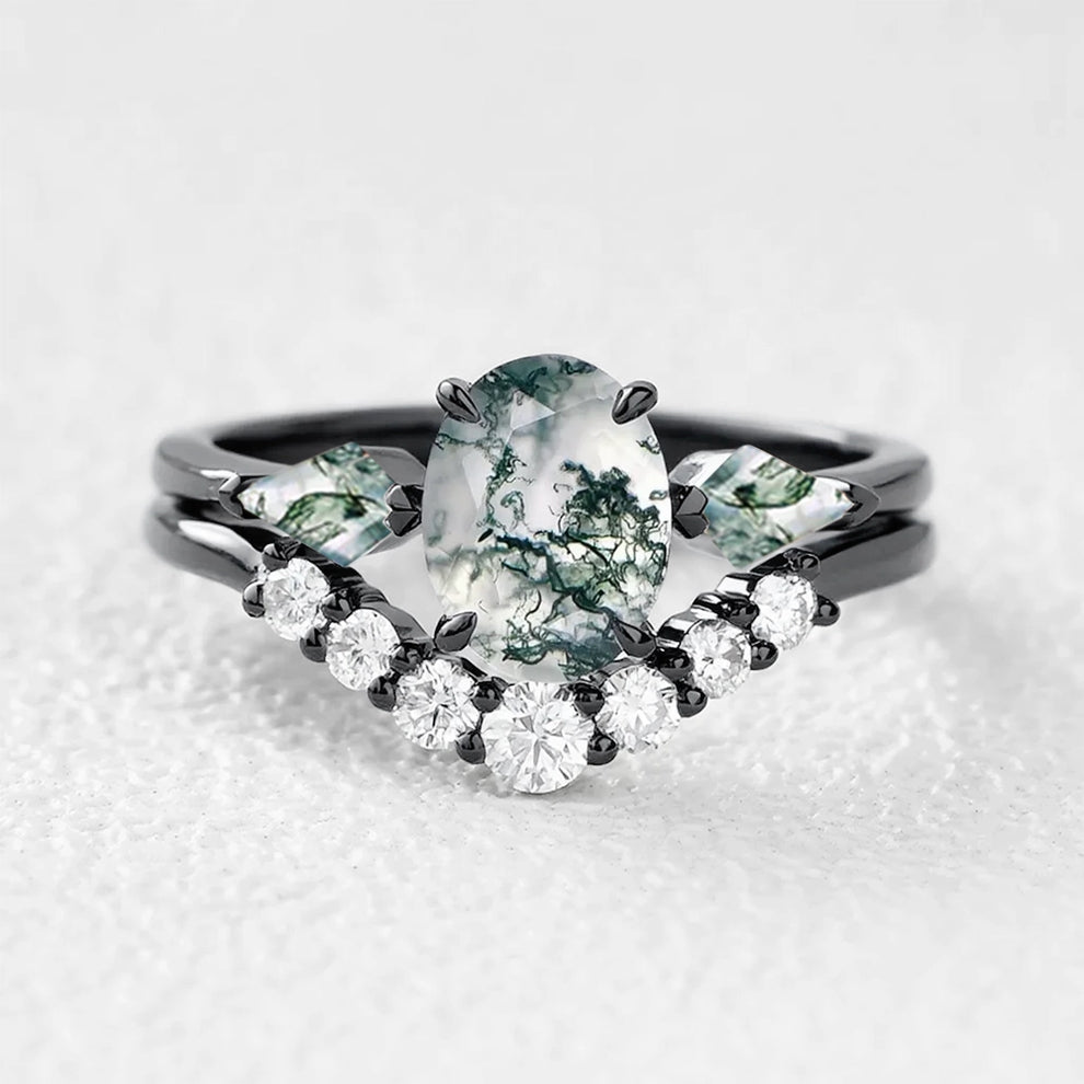 Alethea’s Pinions | Oval Moss Agate Three Stone Bridal Set 2pcs.