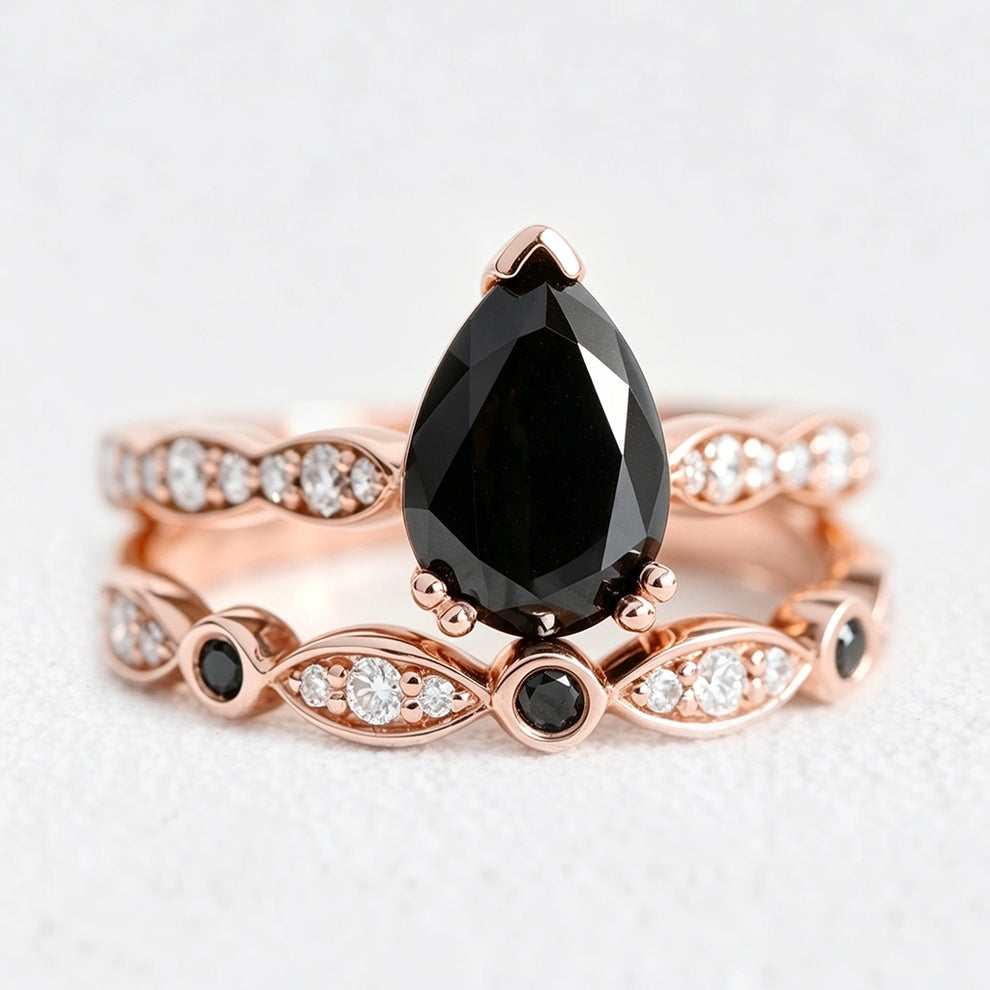Grace’s Eclipse | Pear Black Diamond Solitaire & Bezel Wedding Band Bridal Set 2pcs.