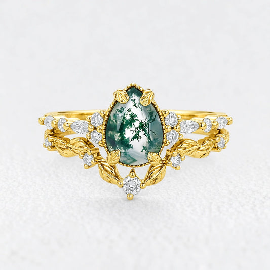 Isadora’s Verdant | Black Gold Pear Moss Agate Leafy Bridal Duo