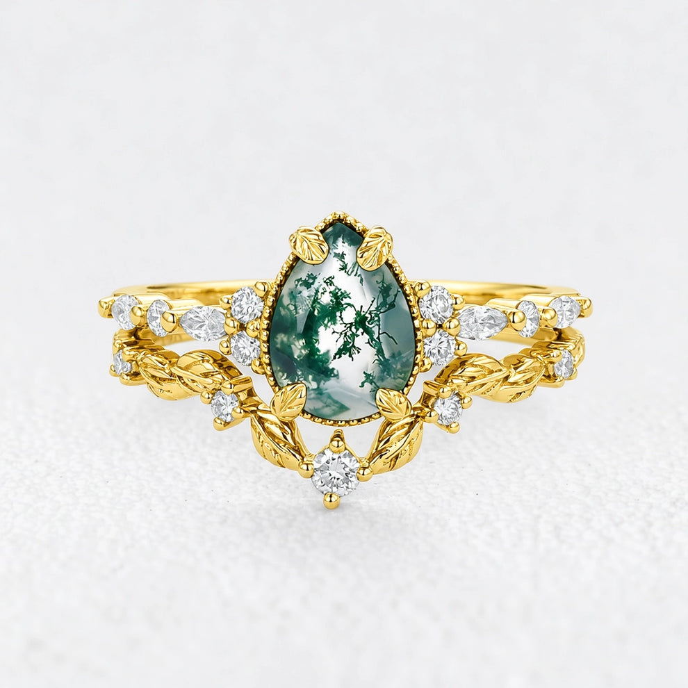 Isadora’s Verdant | Black Gold Pear Moss Agate Leafy Bridal Duo