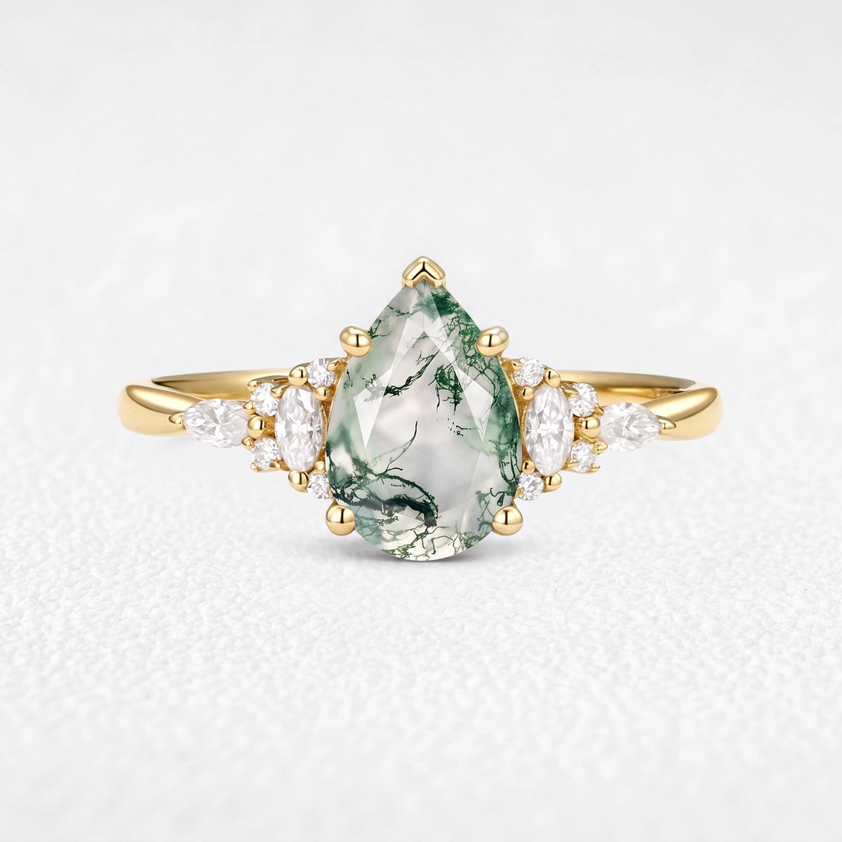 Sylvie’s Dew | Vintage Pear Moss Agate Cluster Engagement Ring