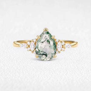 Sylvie’s Dew | Vintage Pear Moss Agate Cluster Engagement Ring