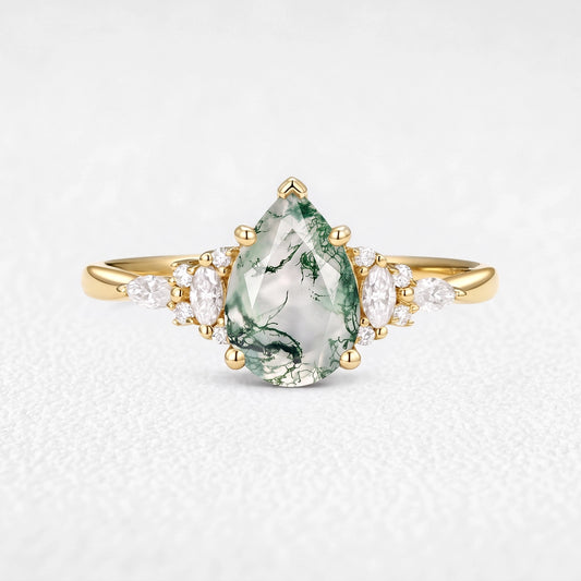Sylvie’s Dew | Vintage Pear Moss Agate Cluster Engagement Ring