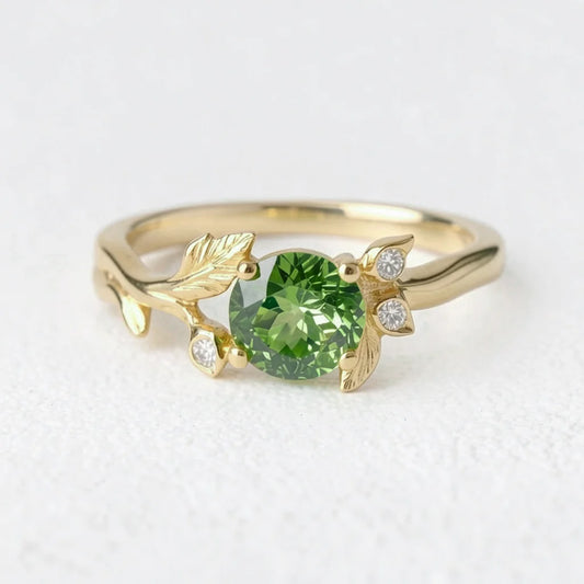 Lumière’s Verde | Round Cut Peridot Vine Engagement Ring