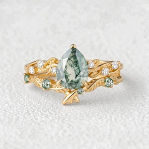 Clarissa’s Frond | Pear Cut Moss Agate Leafy Bridal Set 2pcs.