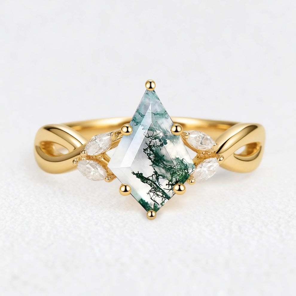 Elara’s Imprint | Kite Cut Moss Agate Engagement Ring