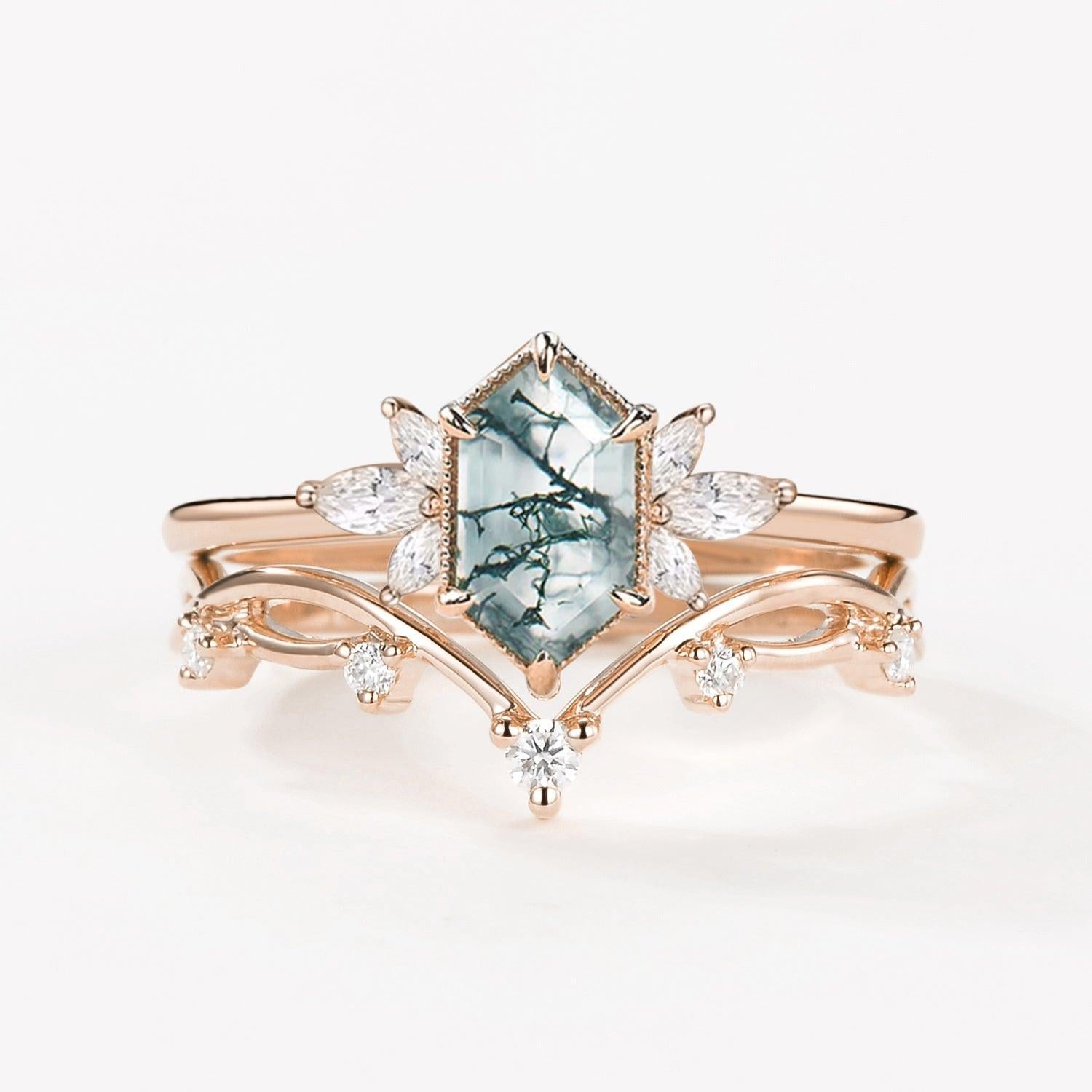 Fairy 1.5ct Hexagon Moss Agate Floral Inspired Ring Set 2PCS.