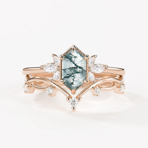 Fairy 1.5ct Hexagon Moss Agate Floral Inspired Ring Set 2PCS.