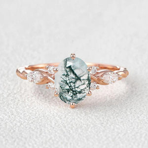 Flora’s Eternal | Oval Moss Agate Infinity Engagement Ring.