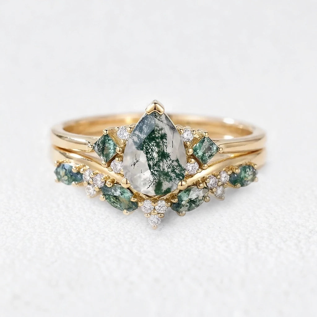 Sylvie’s Vine | Pear Cut Moss Agate Engagement Ring Set 2pcs.